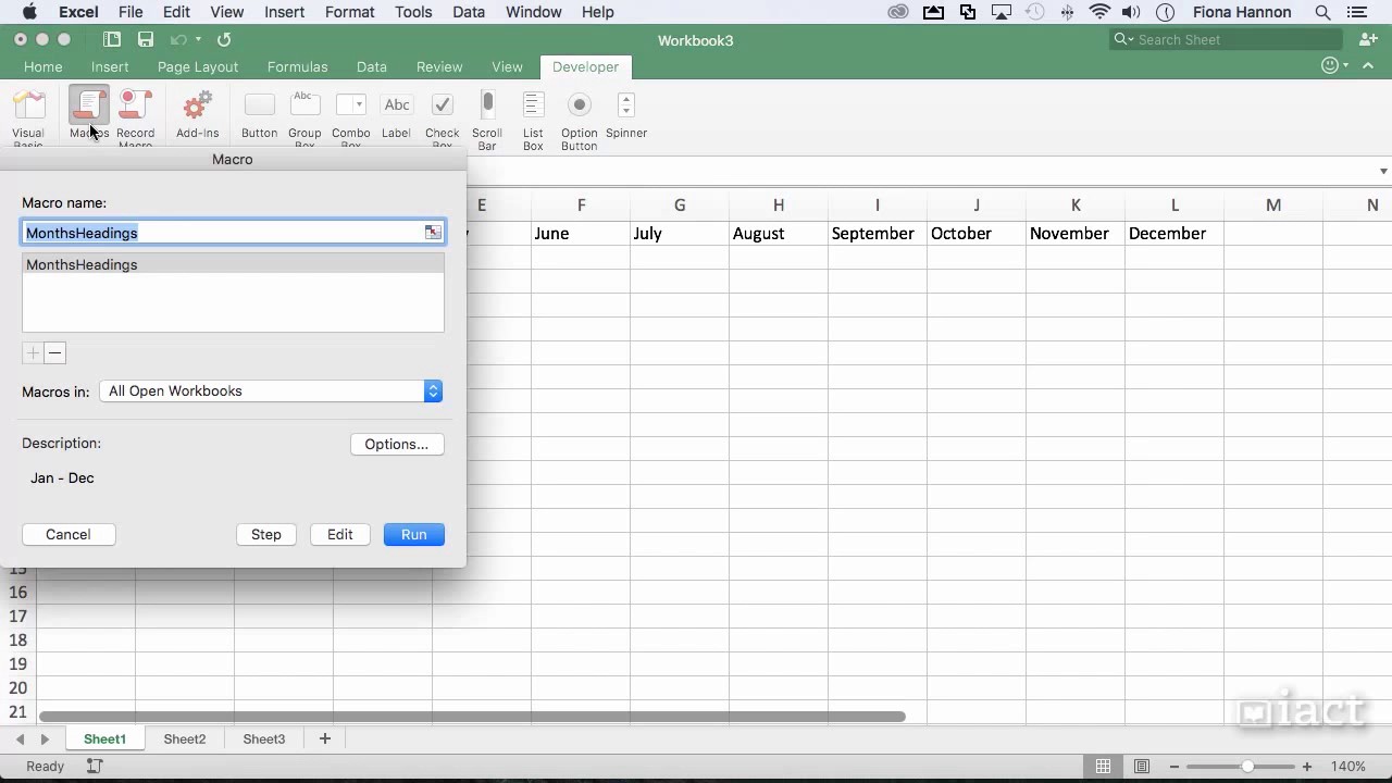 return command on excel for mac